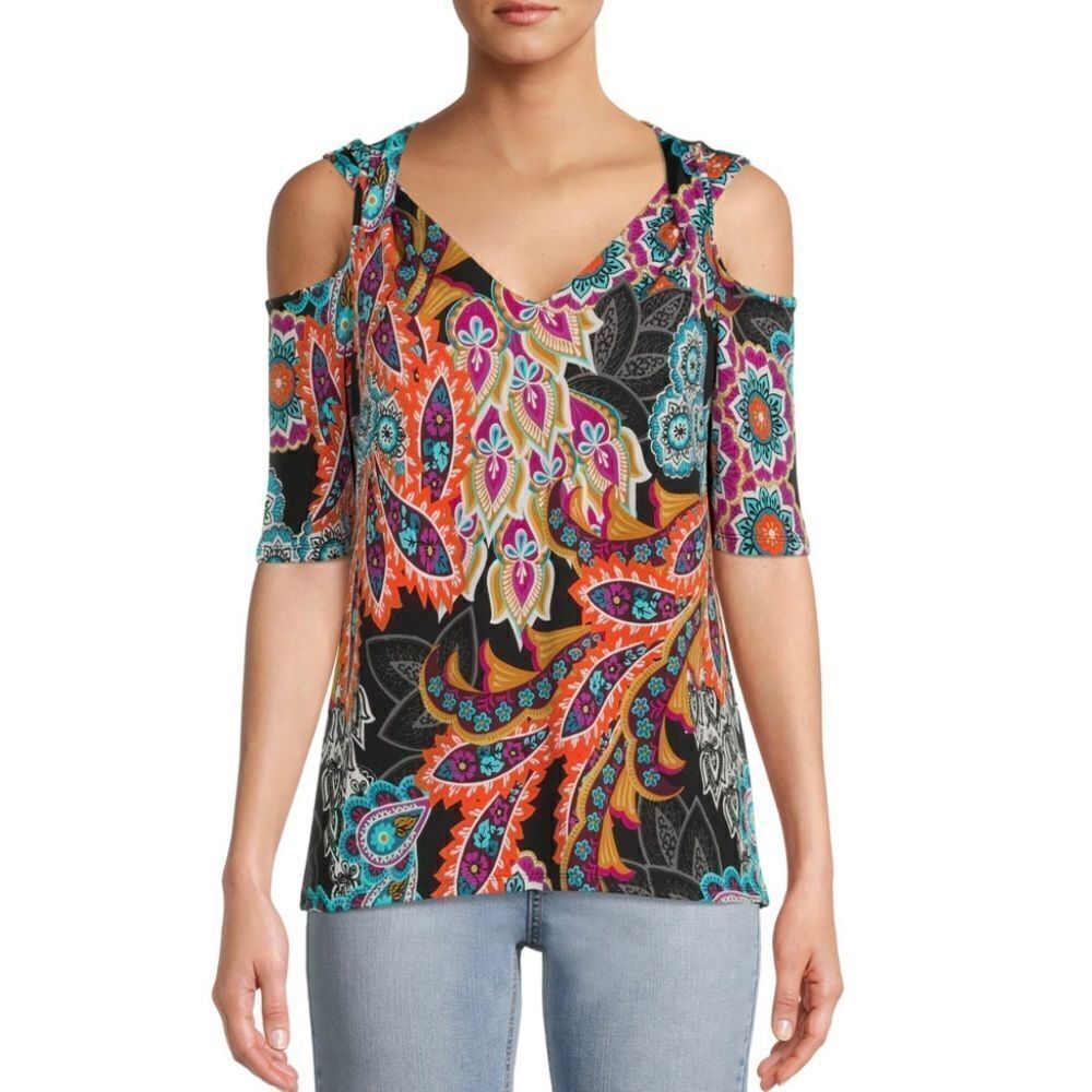NWT Sz M Allison Taylor Women's Printed V-Neck Cold Shoulder Short Sleeves Top